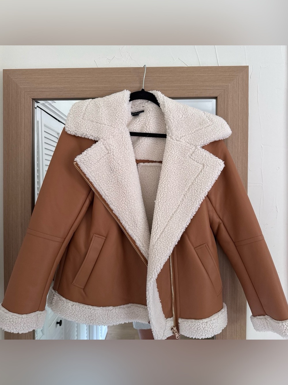 Saks Fifth Avenue Cognac Teddy Moto Jacket with Off-White Shearling